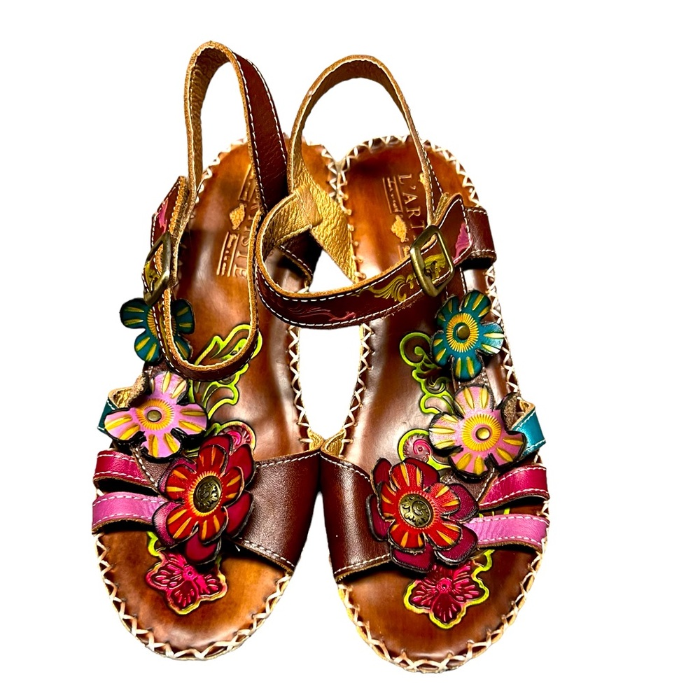 L'artiste Spring Step Leather Floral Wedge Sandals Cork Sz 6.5 EU 37